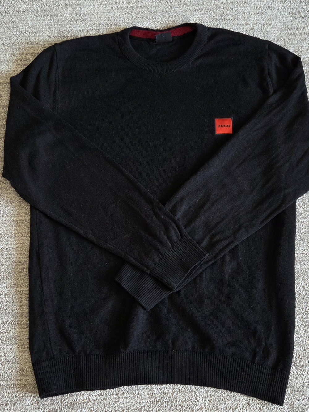 Hugo Boss Black Crewneck Sweater with Red Logo Patch